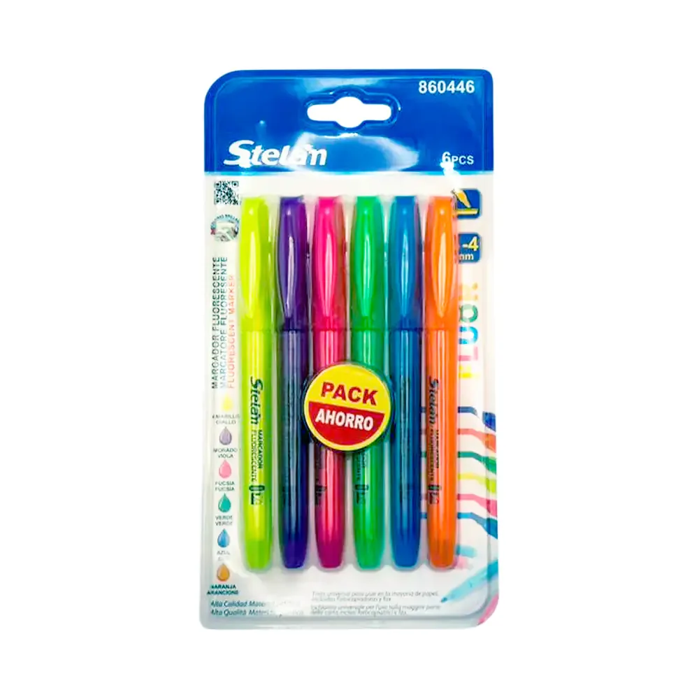 Blíster con 6 marcatextos fluorescentes stelam de 1-4mm, variedad de colores