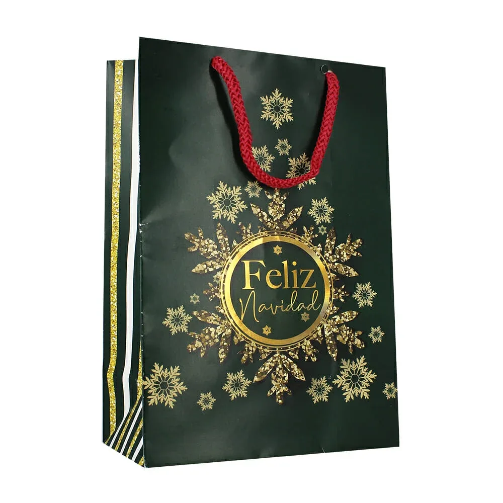 1pza Bolsa grande dipak con diseño temático navideño y relieve metálico dorado para regalo 24.3x11.5x32cm, variedad de diseños/ b3