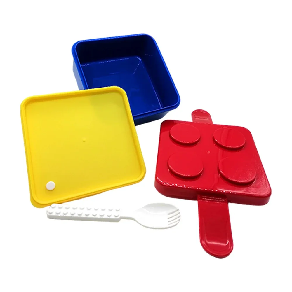 Set tupper cuadrado en forma bloque de construcción, con cubierto + vaso / 24-fh-3005