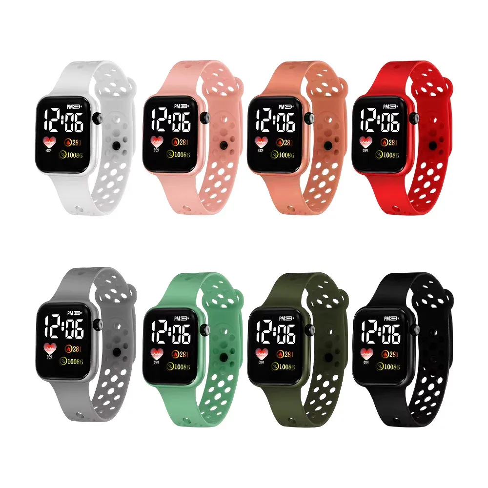 Reloj digital cuadrado pequeño con correas de plástico rígidas tipo deportivas con hoyos, variedad de colores / dzb-2362