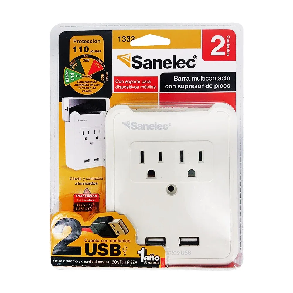 Barra multicontacto sanelec con 2 tomacorrientes, 2 puertos usb y soporte para celular / 0123