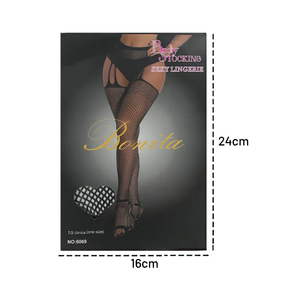 Lencería color negro para dama, malla pantimedia de red y liguero con diseño / bonita / 6069