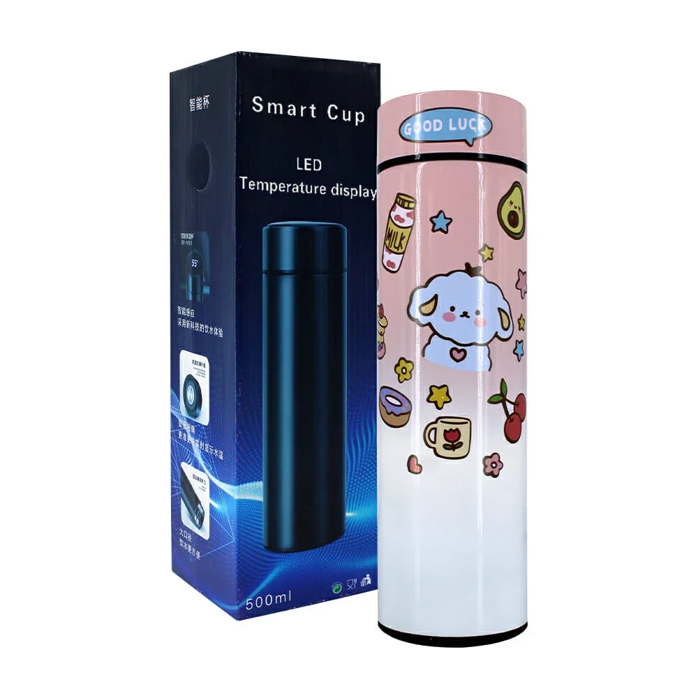 Termo bicolor de acero inoxidable con diseño kawaii good luck, pantalla digital indicadora de temperatura y capacidad de 500ml, variedad de diseños / xwb-30
