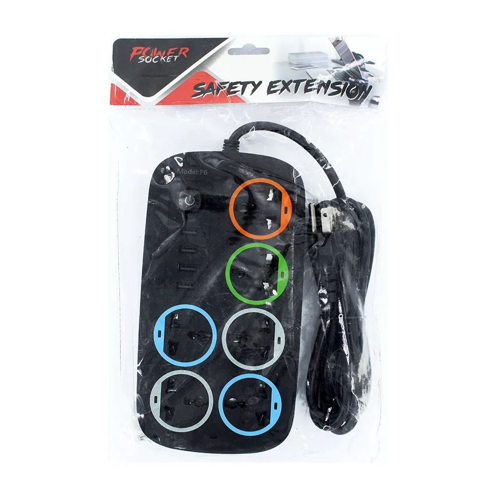 Barra multicontacto con 6 enchufes tomacorrientes + 4 puertos usb e interruptor / safety extension