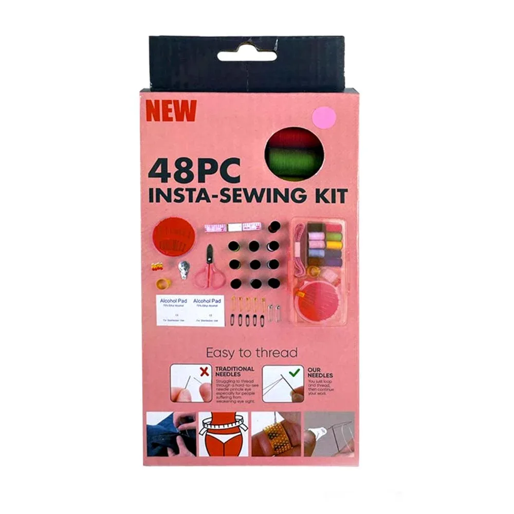 Kit de costura portátil 48 piezas con 10 hilos, agujas, alfileres, tijeras, cinta métrica y dedal / insta-sewing
