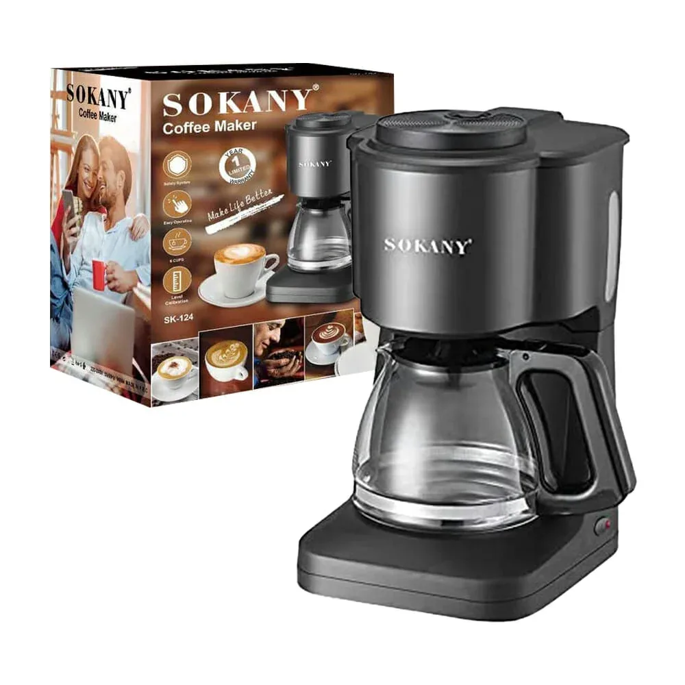 Cafetera de goteo para 6 tazas, filtro permanetnte y apagado automático, 600w / sk-124 / lu6057 / sokany