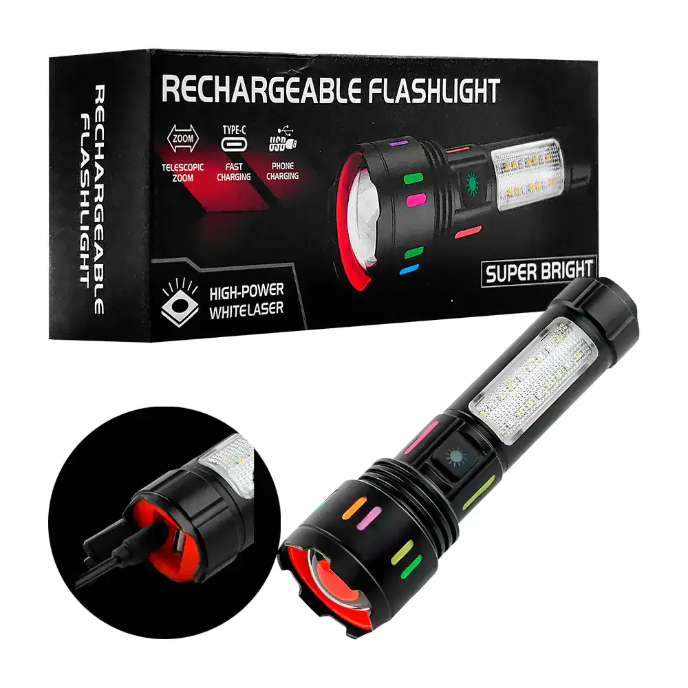 Linterna táctica recargable con 5 modos de iluminación y zoom ajustable