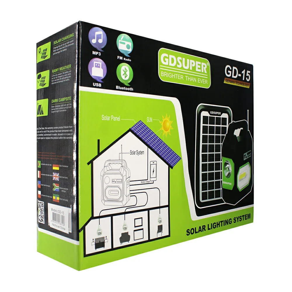 Lámpara bocina bluetooth gdsuper con panel solar y juego de 3 focos leds blancos / gd-15
