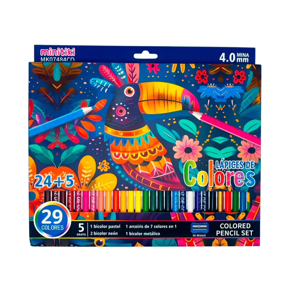 Estuche minitiki con 24 colores de madera, 4 bicolores, 1 multicolor, variedad de colores