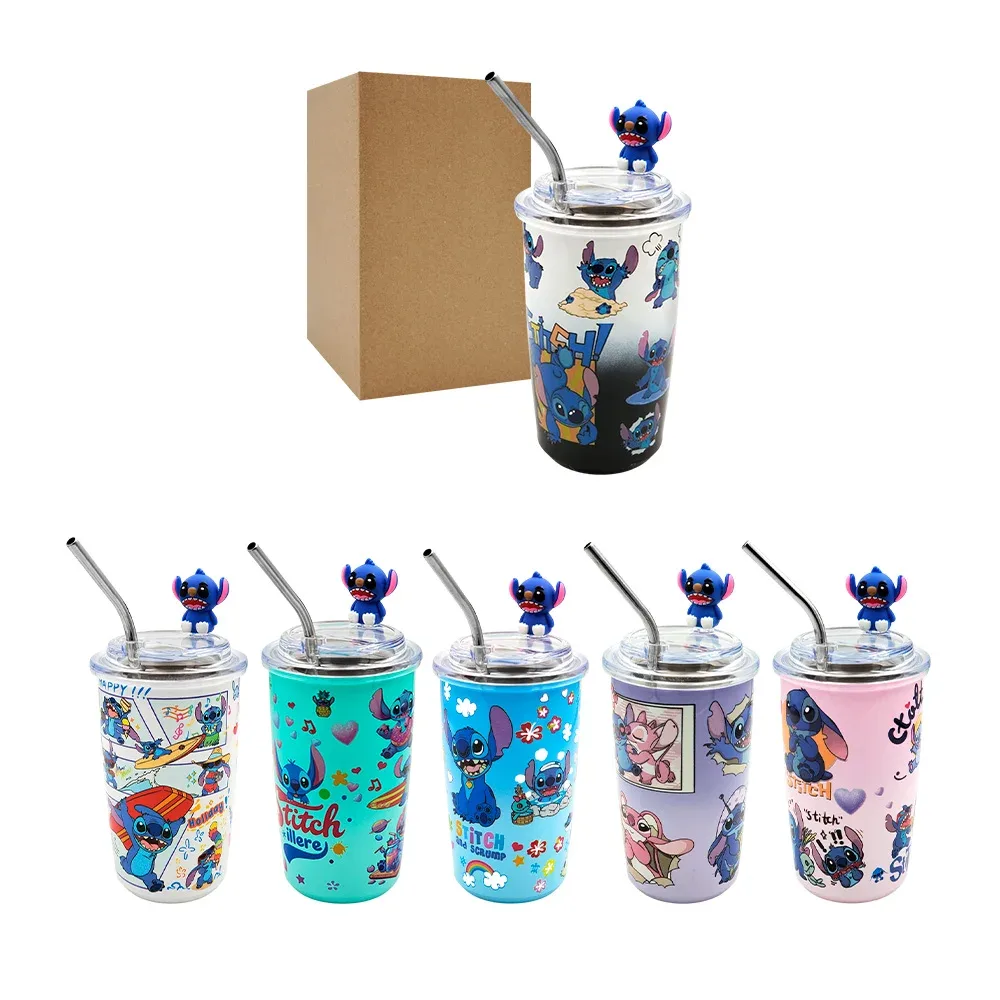 Termo metalico con estampado de personajes animados + popote y figura decorativa