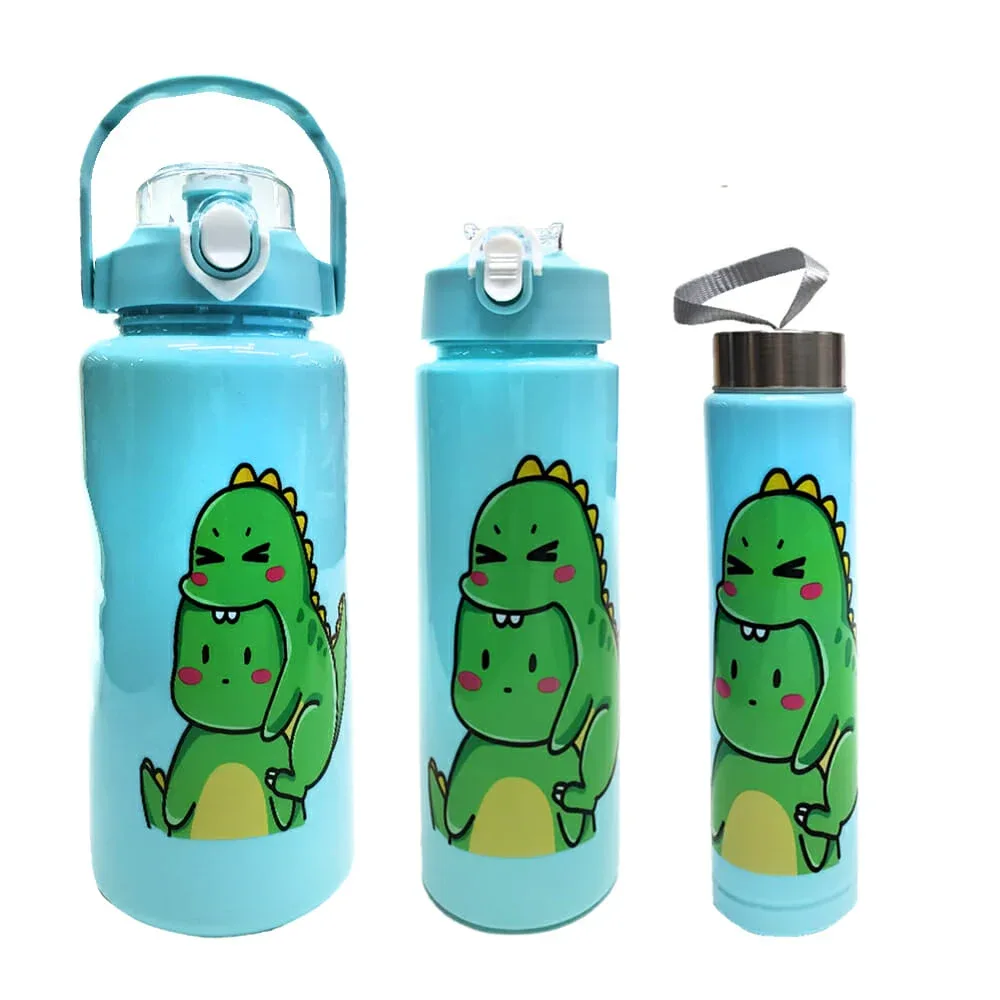 Juego de 3 botellas motivacionales con capacidad para 2, 1 y 0.3 litros, diseño de dinosaurios, variedad de colores / 2303-9