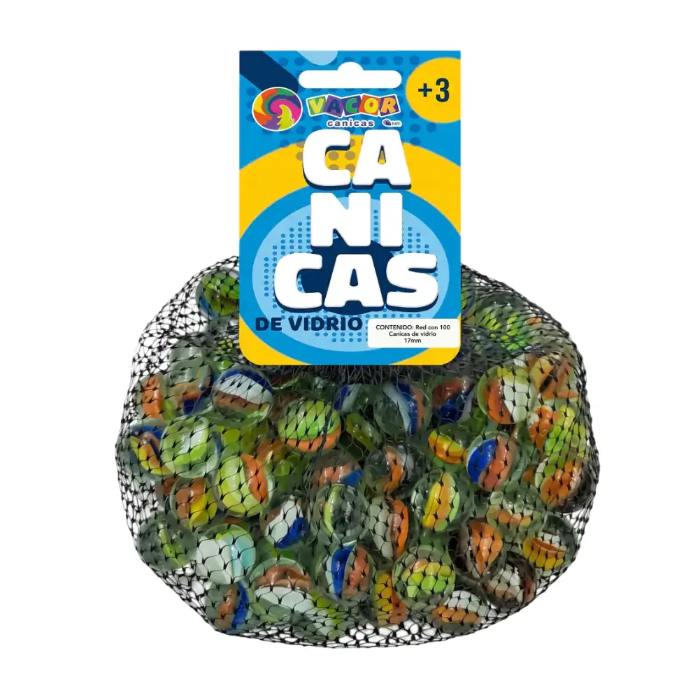 Costal de malla con 100 canicas de vidrio con diseño de trébol 17mm, variedad de colores / 900115