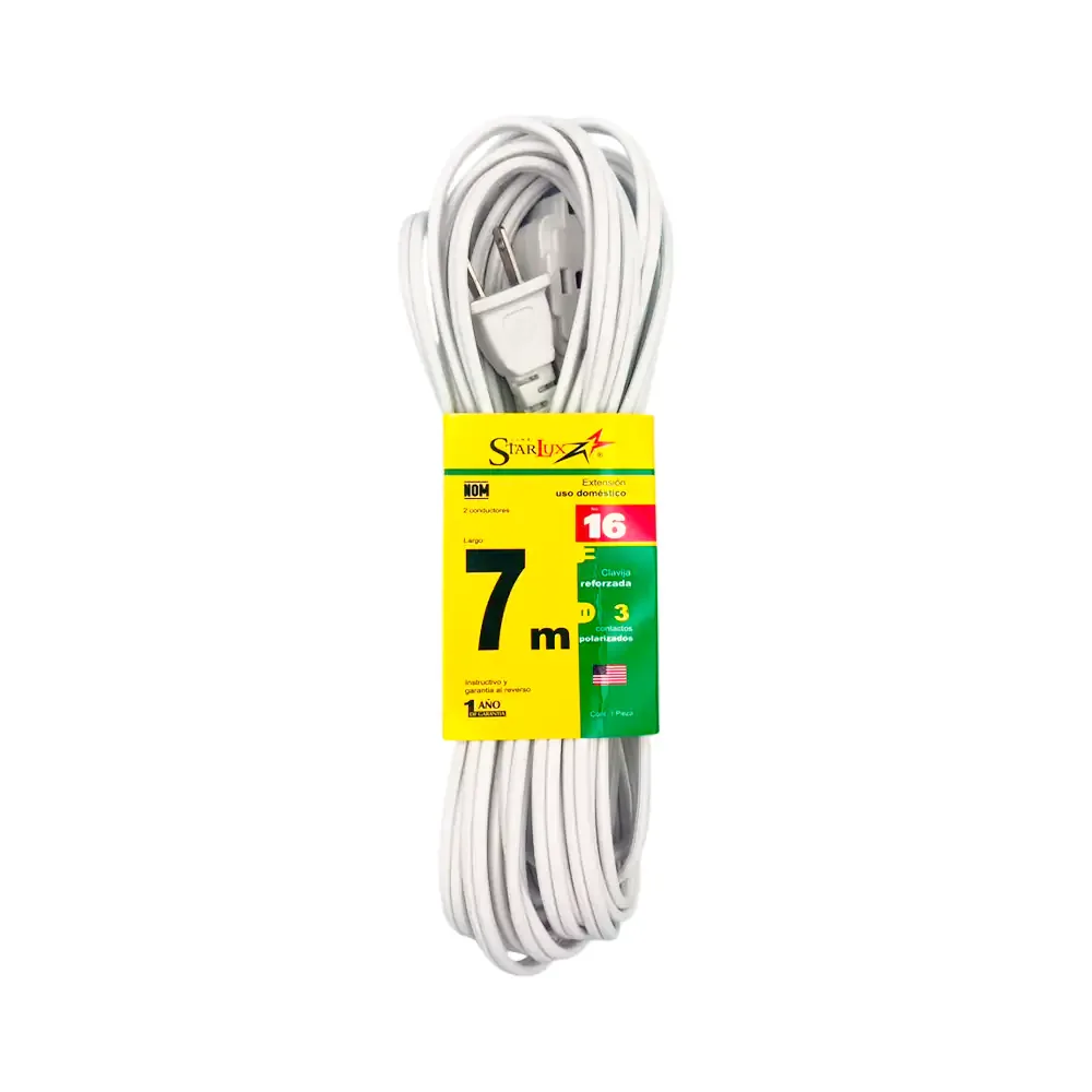 Extensión blanca de 7mts para uso doméstico con 3 conectores y clavija bifásica / extb7 / stp-2