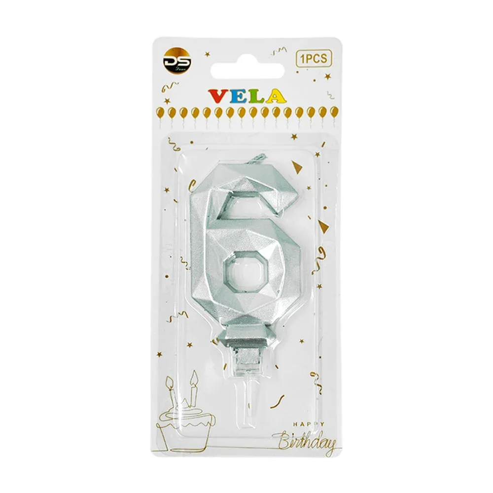 1pza Vela con efecto metálico plateado y forma no.6 para pastel / ds09521