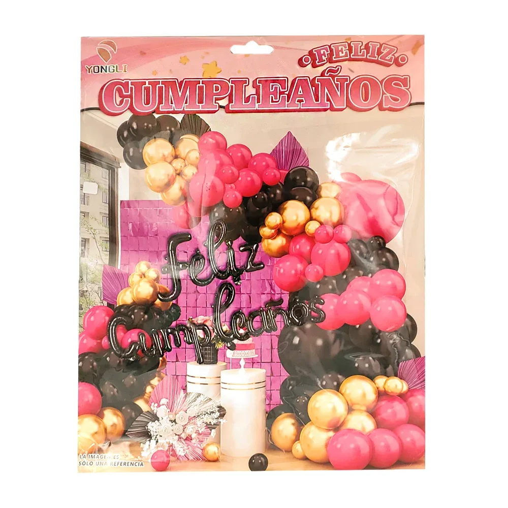 Kit decorativo feliz cumplaños, en tonos negro, rosa y dorado + cortina, 54 pz