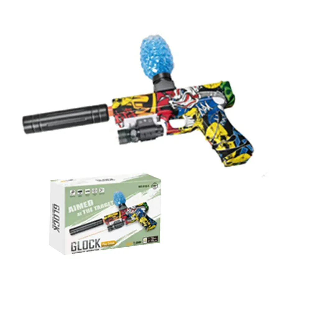 Pistola de hidrogel automática tipo glock, diseño graffiti de payaso, con lentes y contenedor de municiones / 512-3