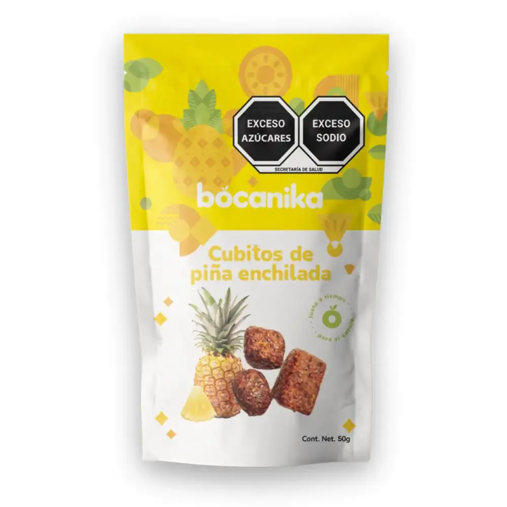 1pza bolsa bocanika con cubitos de piña enchilada, 50g / pt07