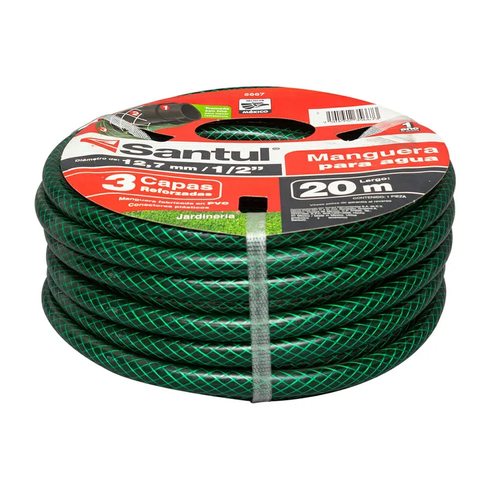 Manguera jardinera santul de 1/2 pulgada con largo de 20 metros y 3 capas reforzadas de pvc / 0520