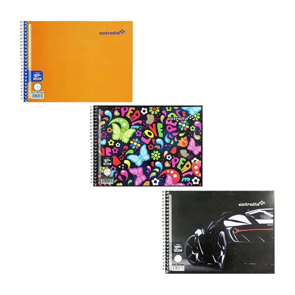 Cuaderno forma italiana estrella con espiral metálico y 100 hojas papel bond en cuadrícula pequeña 5mm, variedad de diseños / 001725