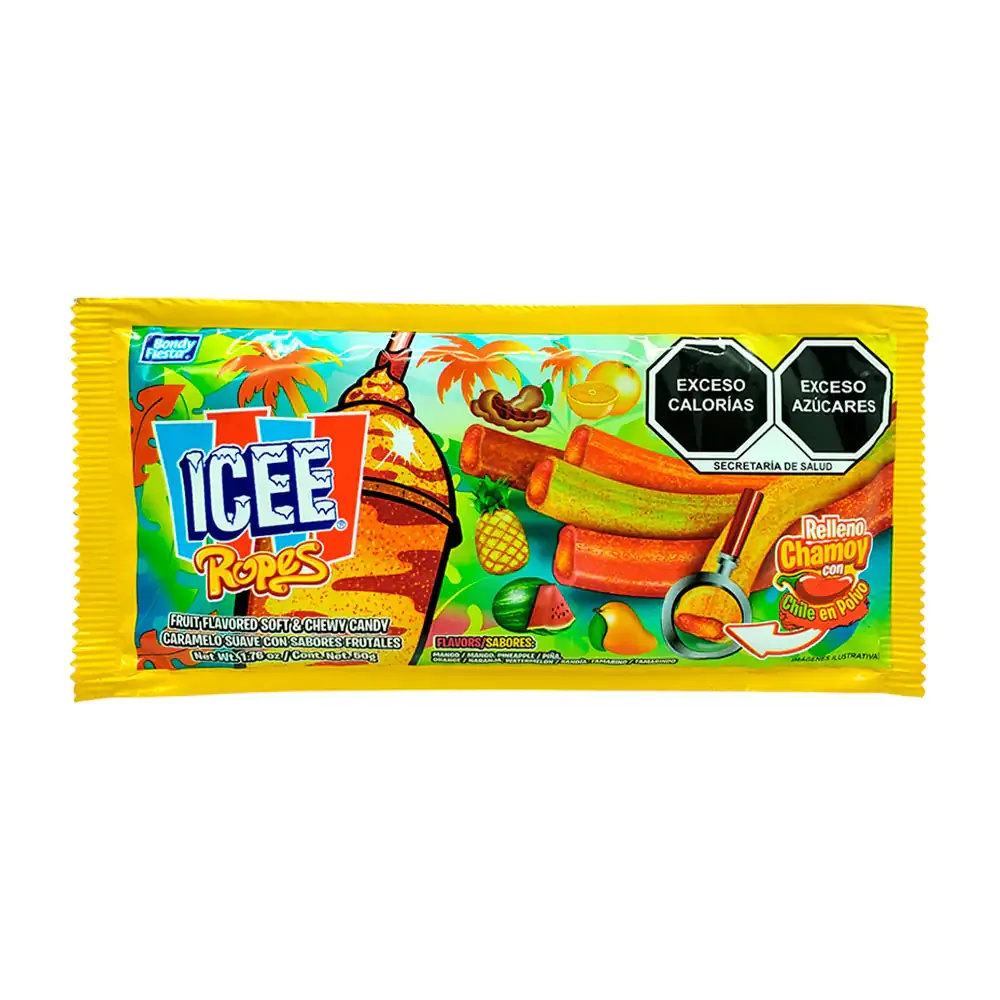1pza Sobre icee ropes con caramelo suave en tiras con sabores a fruta tropical con chile, 50g