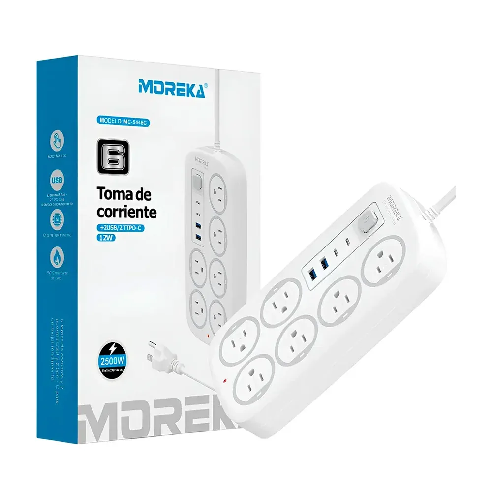 Barra multicontacto moreka con 6 tomacorrientes, 2 puertos usb-c y 2 puertos usb / mc-5448c
