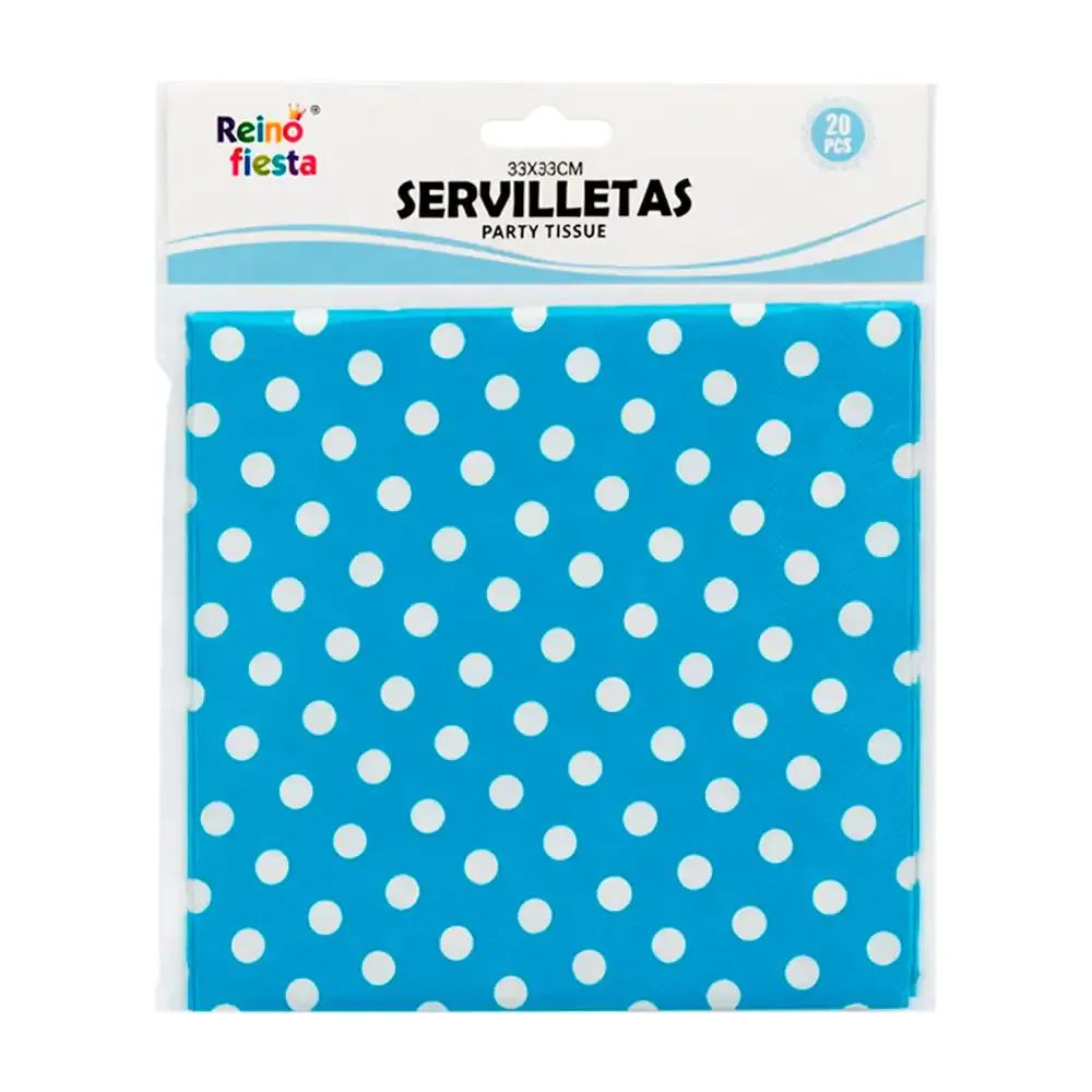 Paquete con 20 servilletas reino fiesta, color azul con lunares blancos, 33x33cm