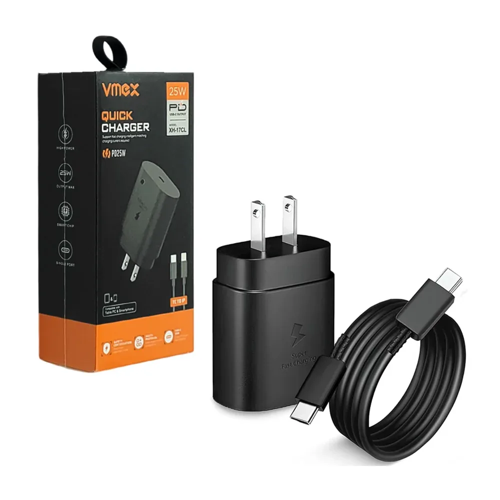 Combo cargador vmex, carga rápida 25w, salida usb-c y cable 1m de tipo c a ip