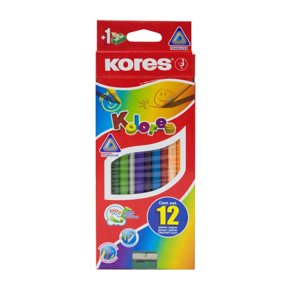 Caja con 12 lápices de colores intensos kores con punta triangular y 1 sacapuntas / 93312