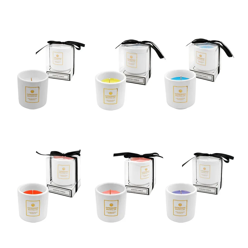 Vela aromática con escencias relajantes, vaso de cerámica blanco, variedad de aromas / 11165 / 027149