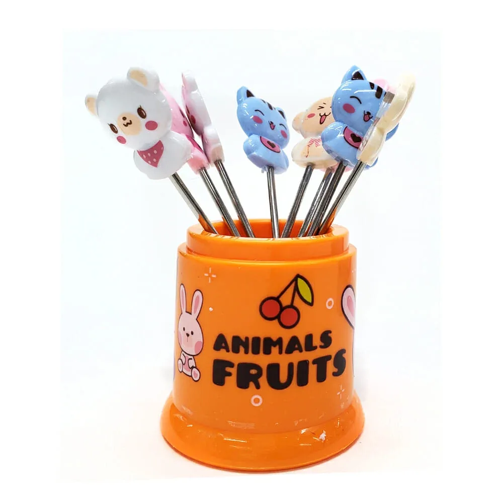 Kit 8 tenedores de acero inoxidable + diseño de animalitos kawaii para fruta, variedad de colores / 23-sgc-001