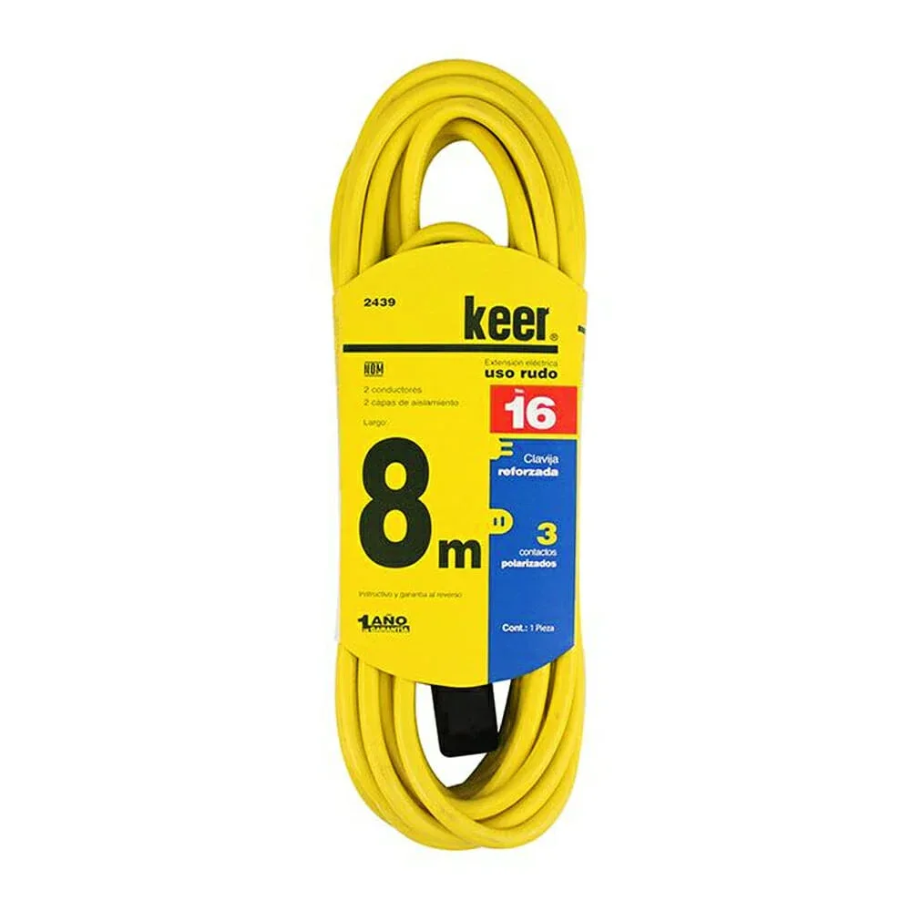 Extensión amarilla keer para uso rudo de 8 metros con clavija reforzada y 3 contactos / 2439