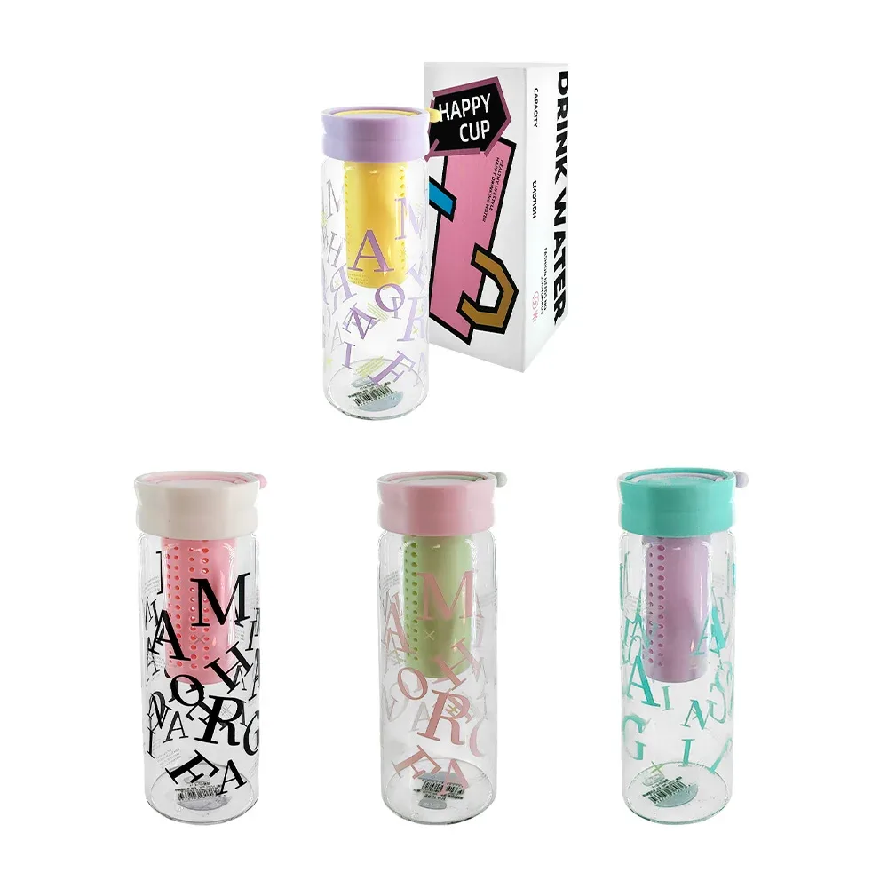 Vaso termo de cristal con infusor, estampado de letras y asa en tapa, variedad