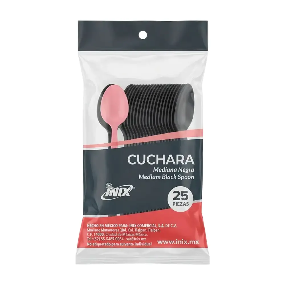 Paquete inix con 25 cucharas medianas negras de plástico / 707661