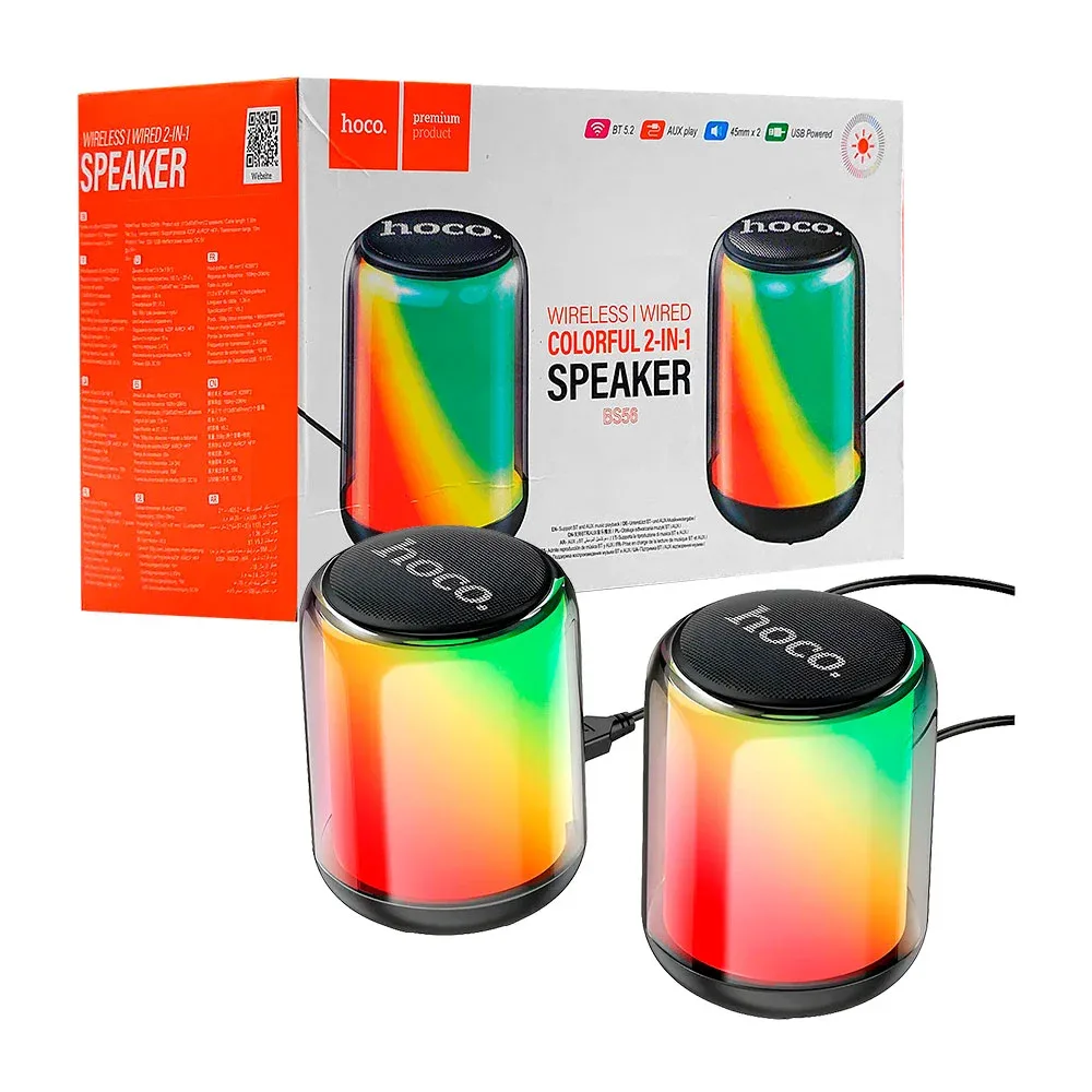 Par de altavoces alámbricos 2 en 1 hoco con luces rgb ajustables