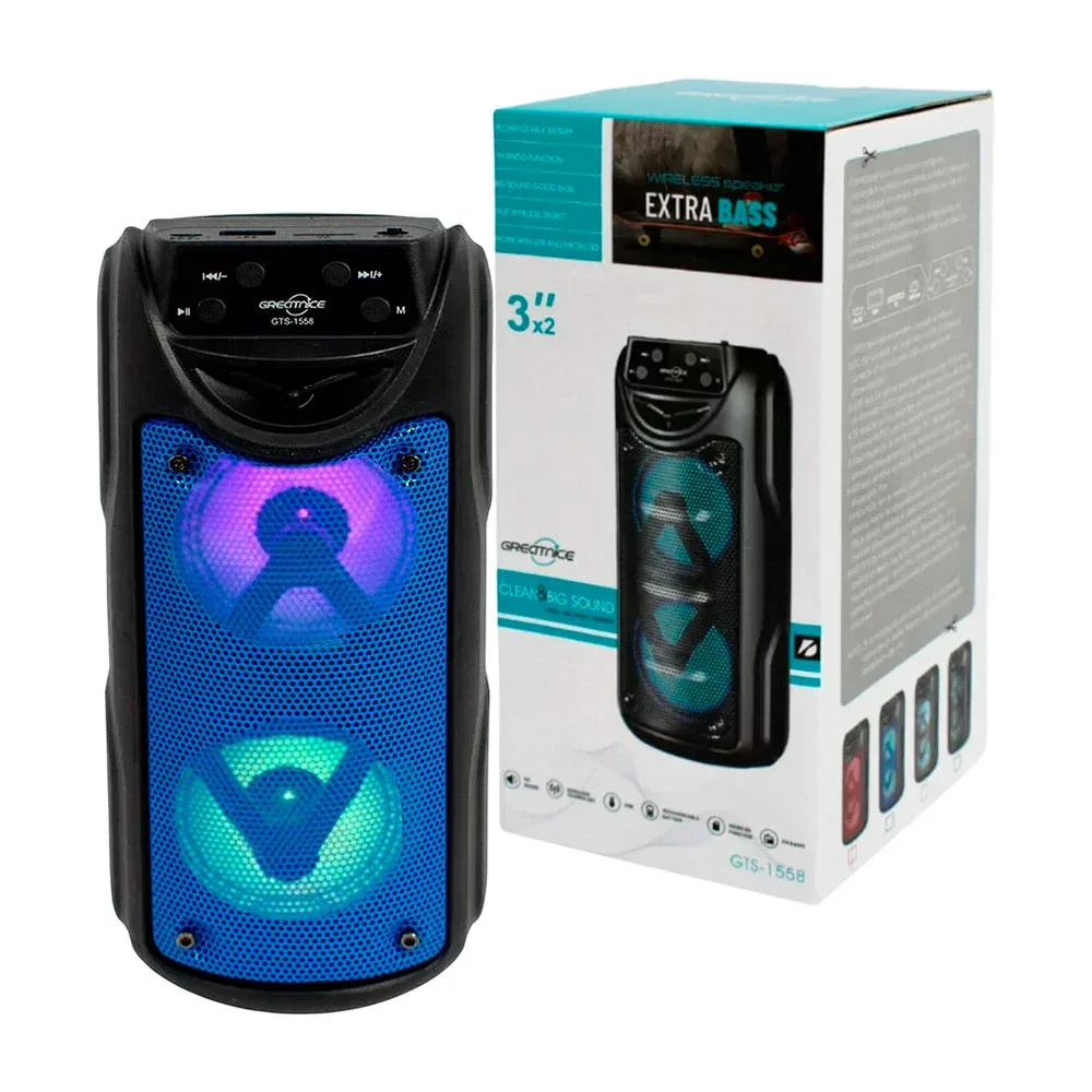Bocina bluetooth greatnice 3x2 pulgadas con luz y ranuras para usb y micro sd / gts-1558