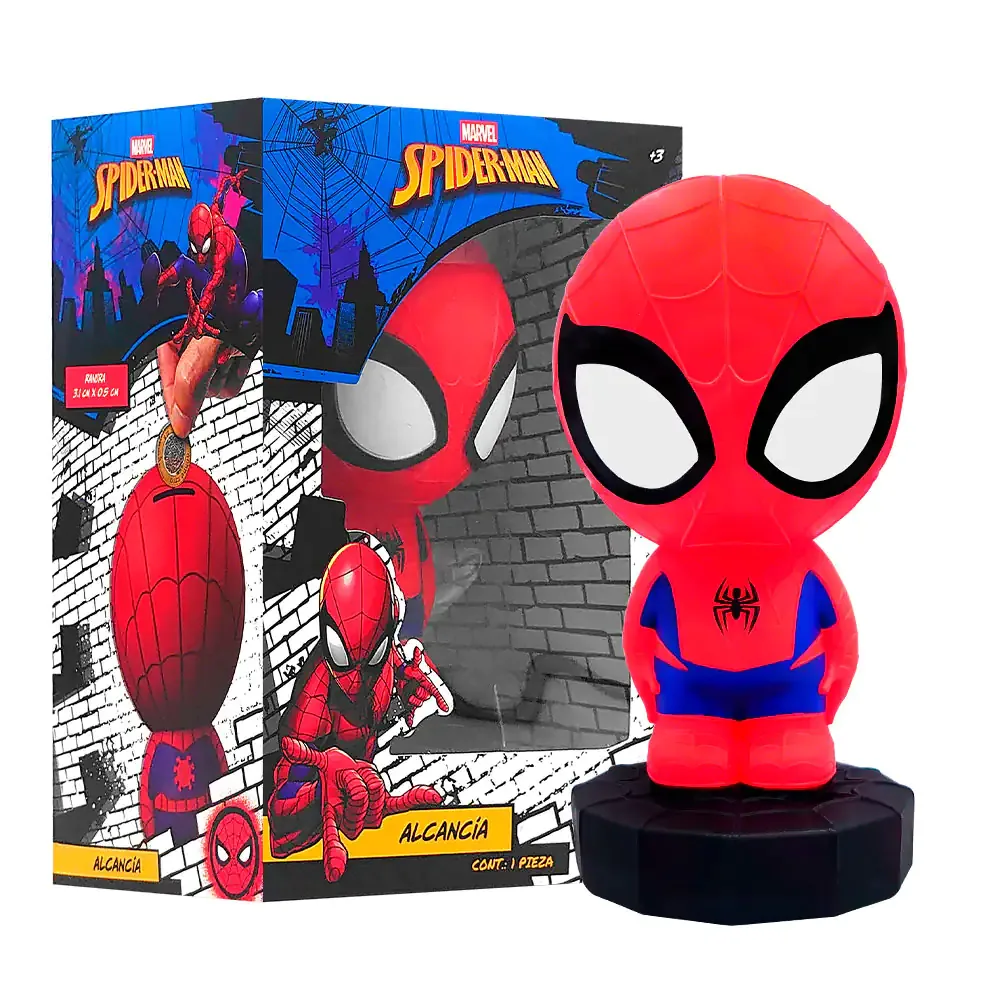 Figura alcancía de plástico con diseño de spiderman de 23cm, ranura 3.1x0.5cm