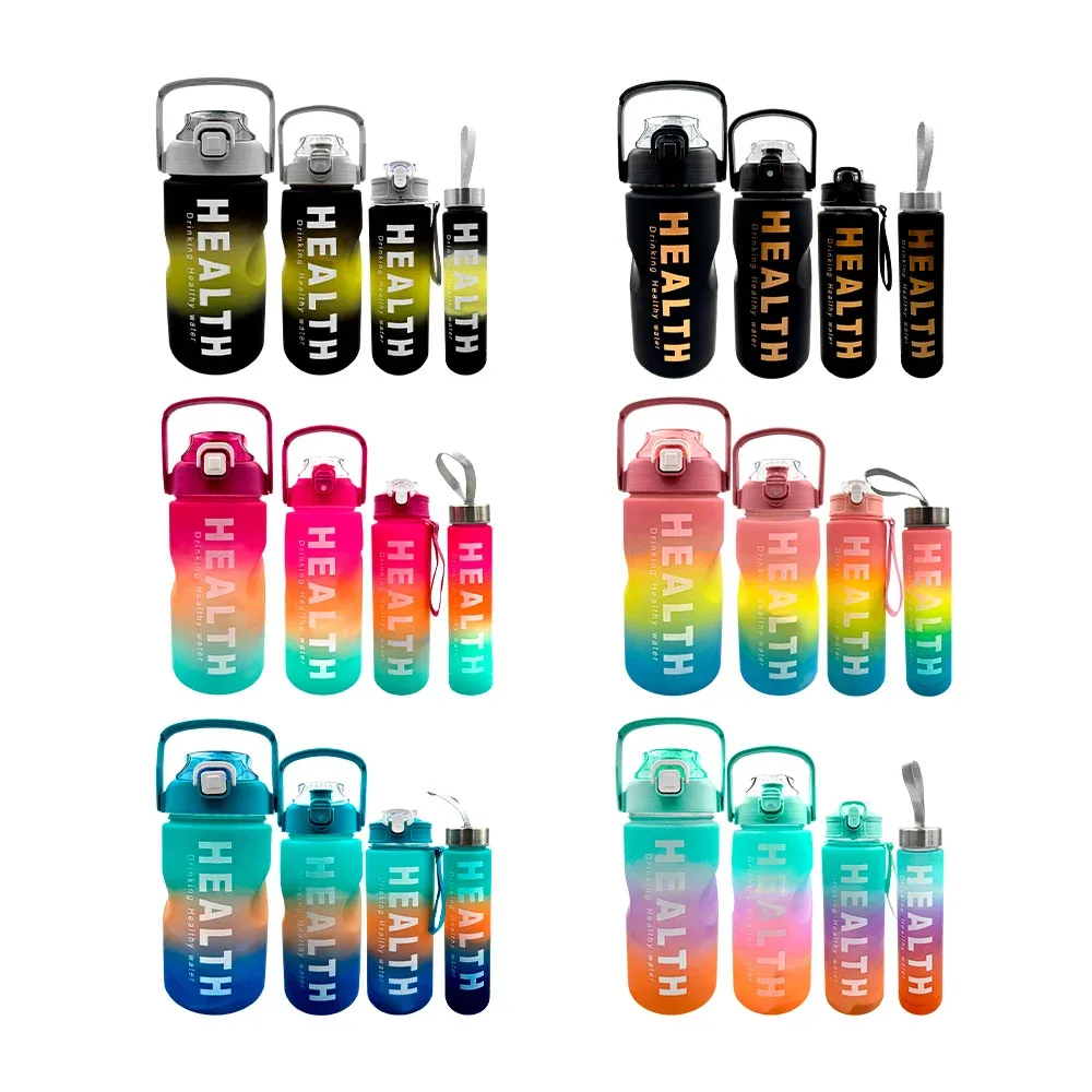 Juego de 4 botellas motivacionales de 3L, 2L, 900ml y 300 ml, con popote, asa y cierre hermético, variedad de colores / 1513 / drinking healthy water