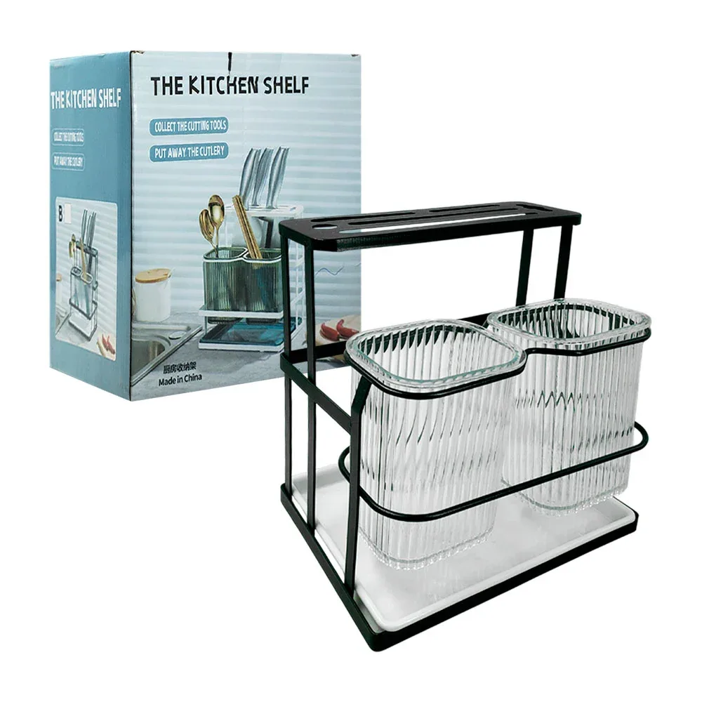 Estante organizador para utensilios con 2 compartimentos y porta cuchillos