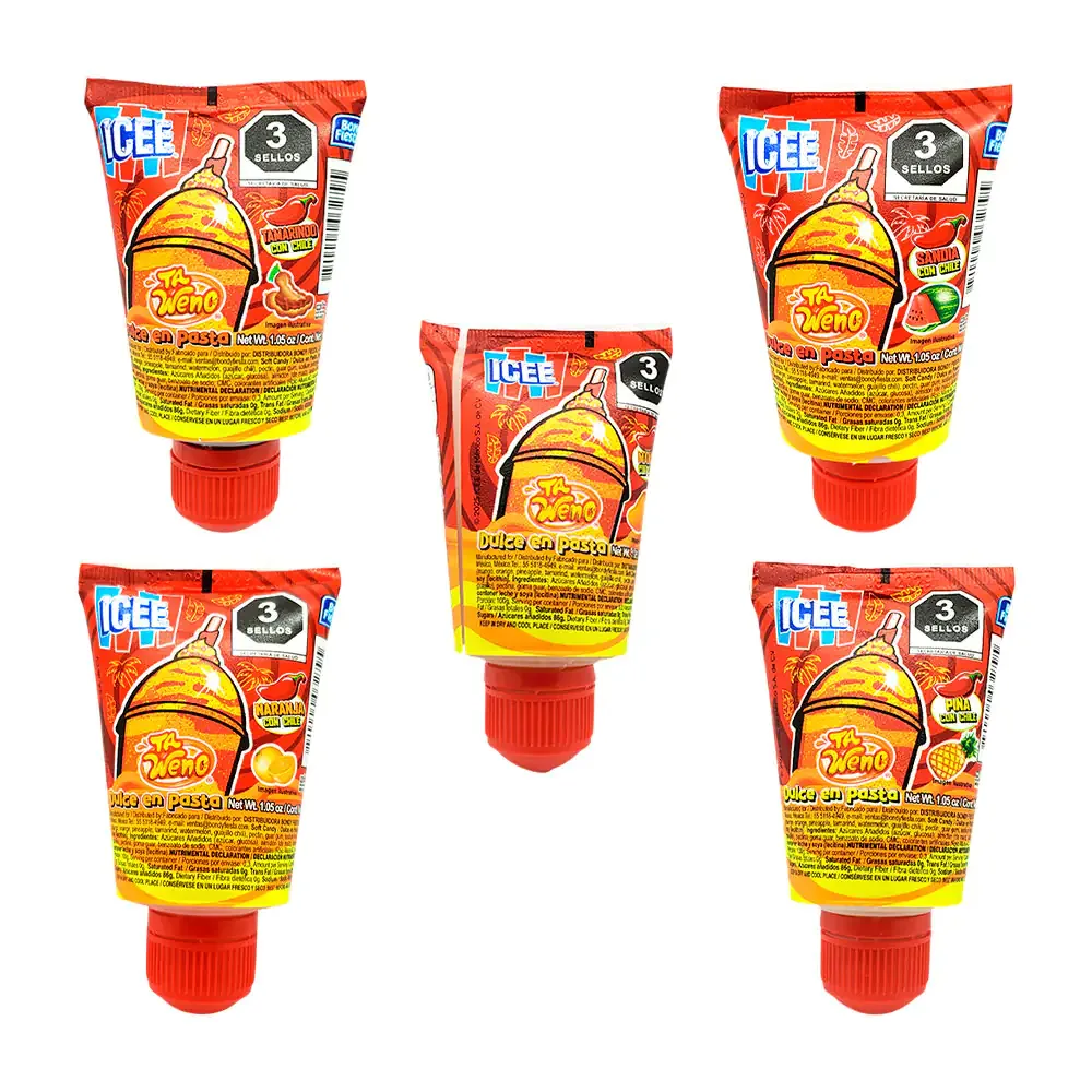 Mini tubo icee tipo envase de pasta con caramelo suave sabor a fruta tropical con chile, 30g, variedad
