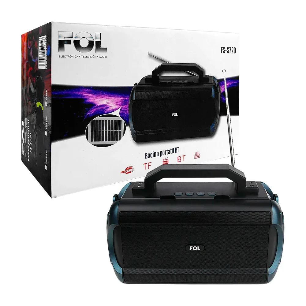Bocina fol bluetooth con radio FM, entrada USB, TF, SD y panel solar, variedad de colores / fs-s720