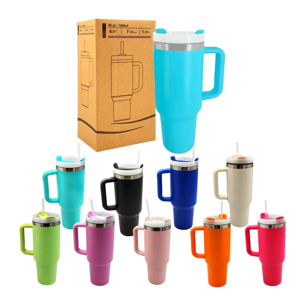 Vaso termo liso de 40oz con asa, popote y cierre hermético, variedad de colores