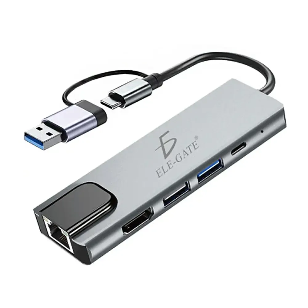Hub adaptador 2 en 1 conector usb-a y usb-c, puerto hdmi, rj45, usb 3.0, pd 100w y lector sd-tf
