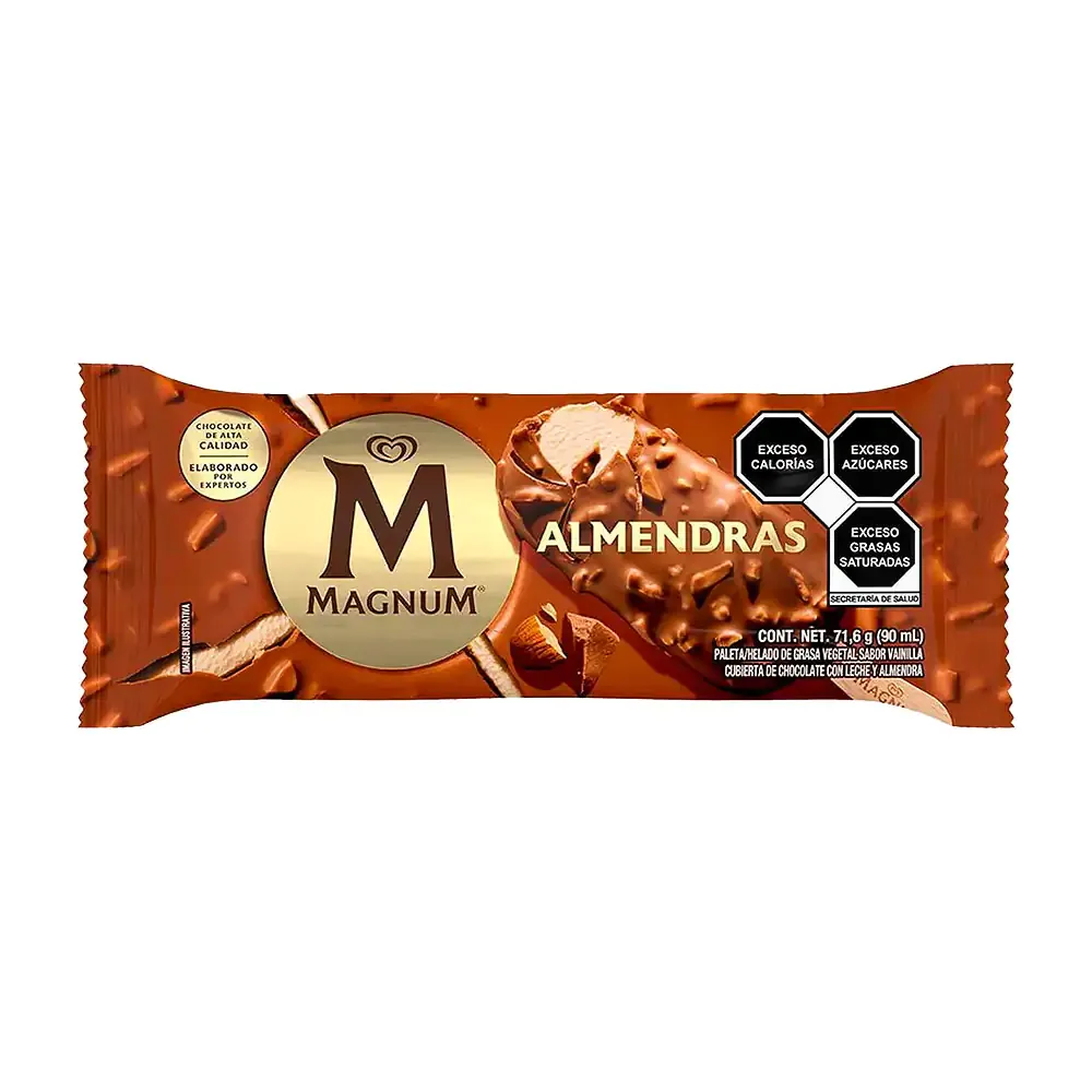 Paleta magnum con almendras, helado de vainilla con cobertura de chocolate, 90ml