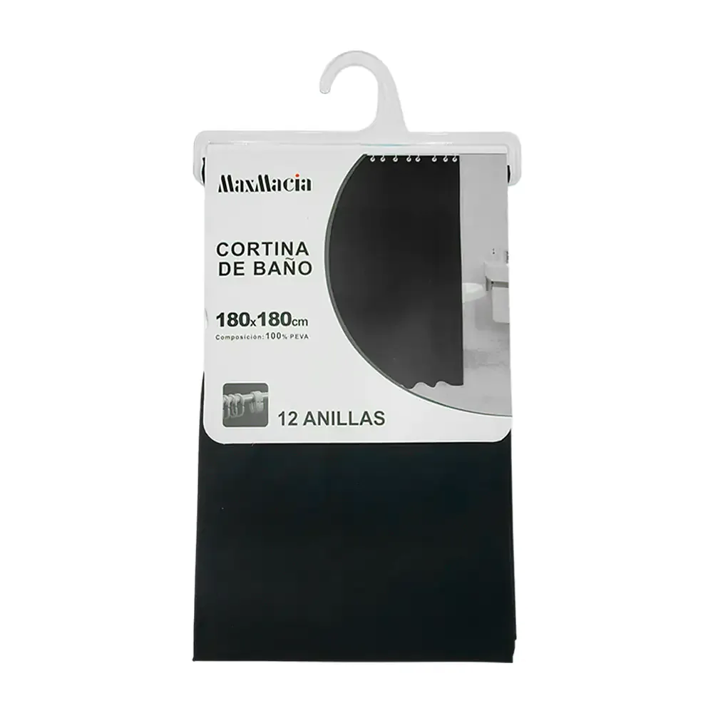 Cortina lisa para baño de plástico en color negro con 12 ganchos, 180cm x 180cm