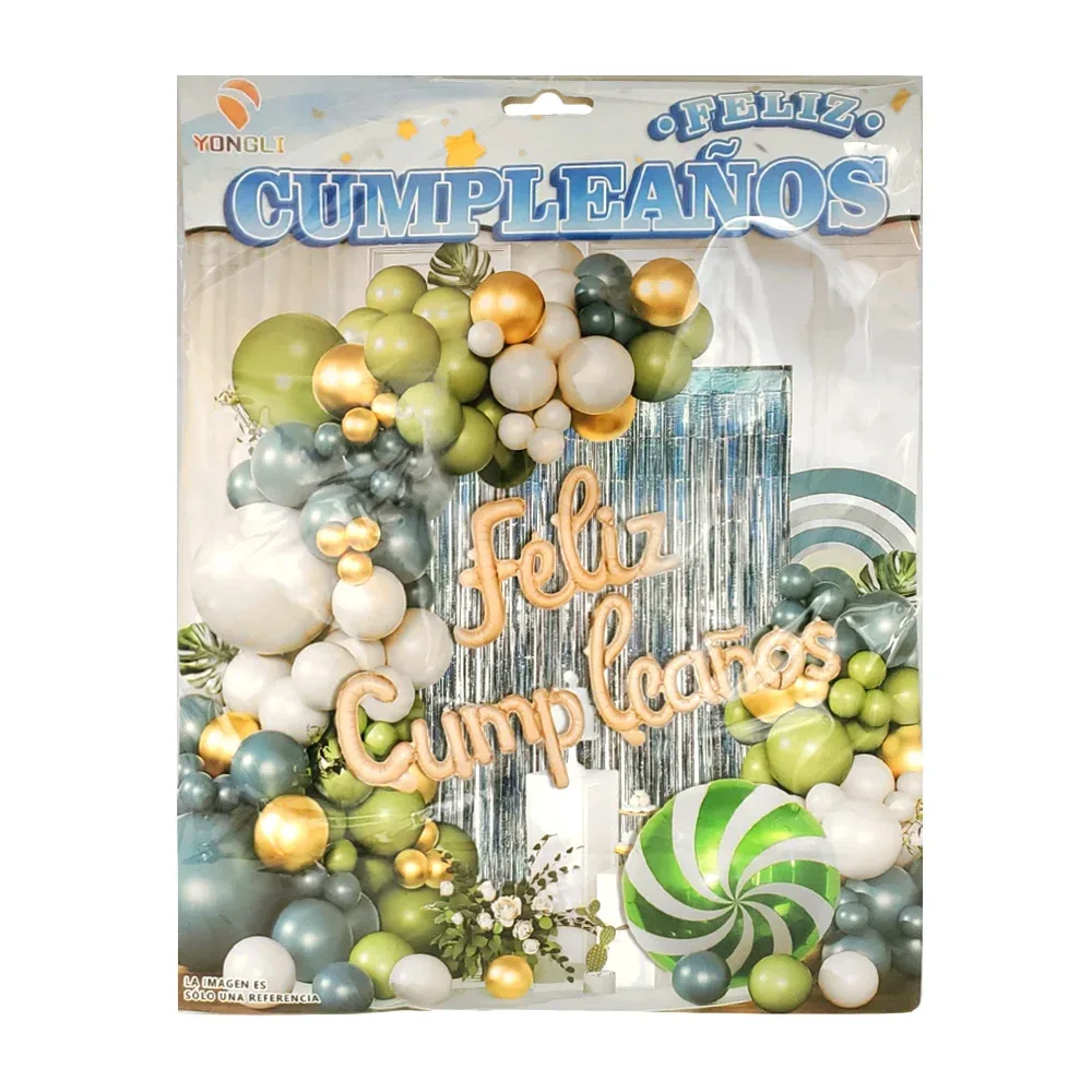 Kit decorativo de 61 pz, en tonos verde, azul, blanco y globo feliz cumpleaños