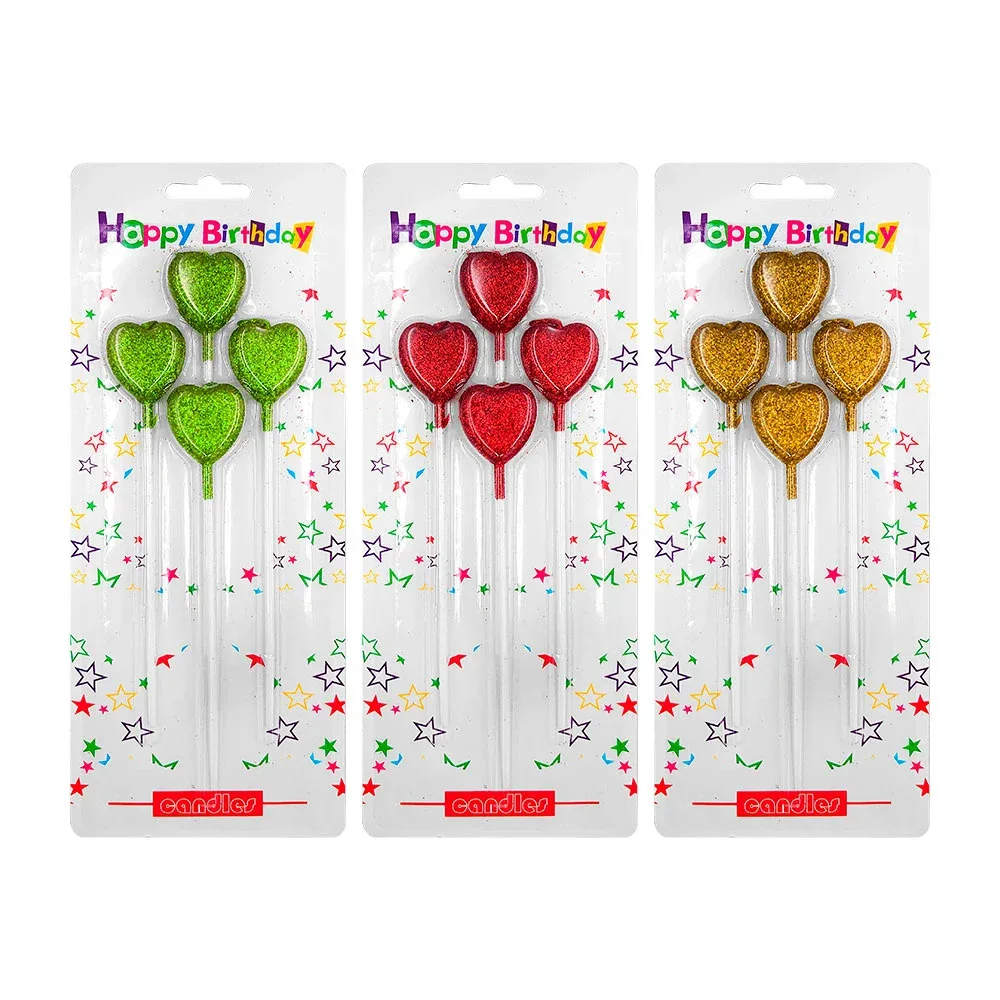 Blíster de 4 velas largas con forma de mini corazones, 14cm / happy birthday