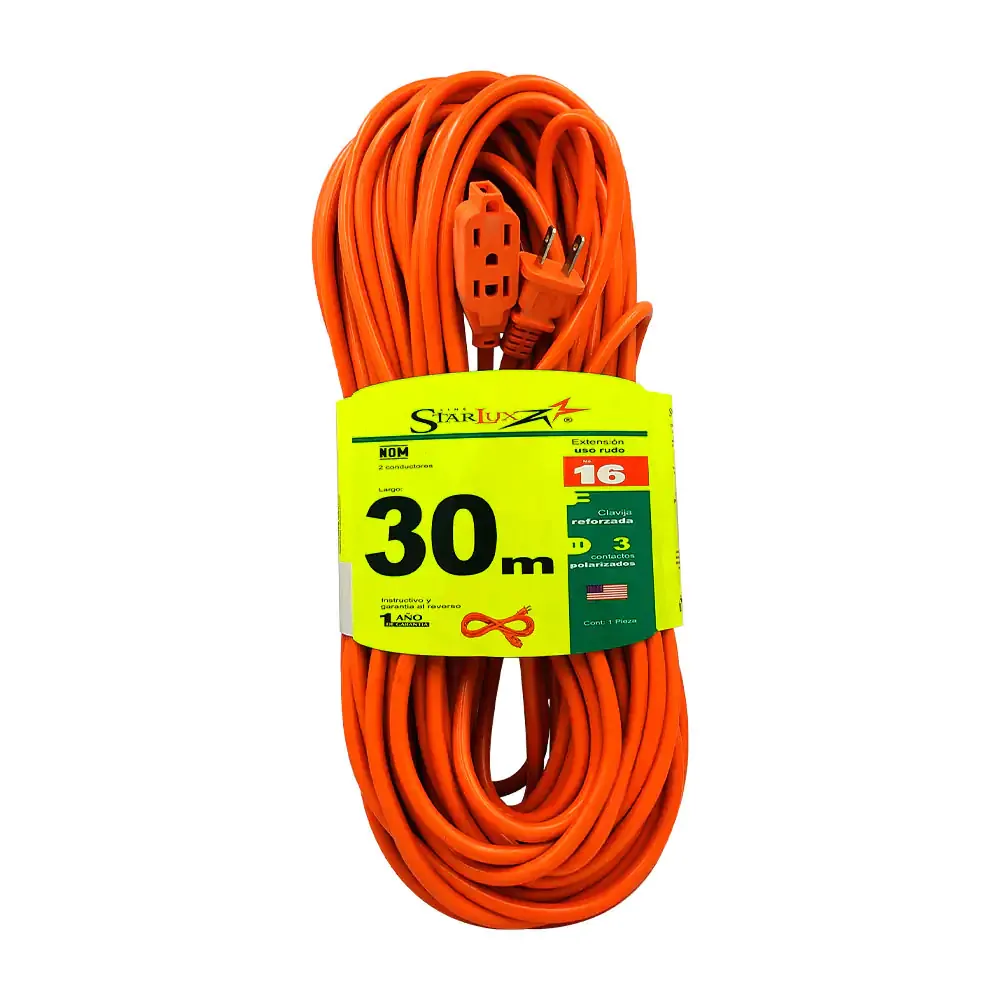 Extensión naranja de 30mts para uso rudo con 3 conectores y clavija bifásica / extn30 / stp-2