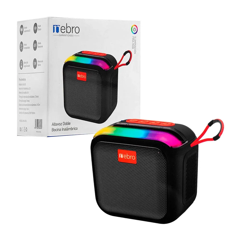 Bocina nebro pequeña, cuadrada, doble altavoz inalámbrica con luz rgb