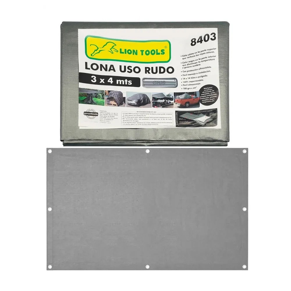 Lona impermeable lion tools de uso rudo color gris con protección ultravioleta, 3x4m / 8403