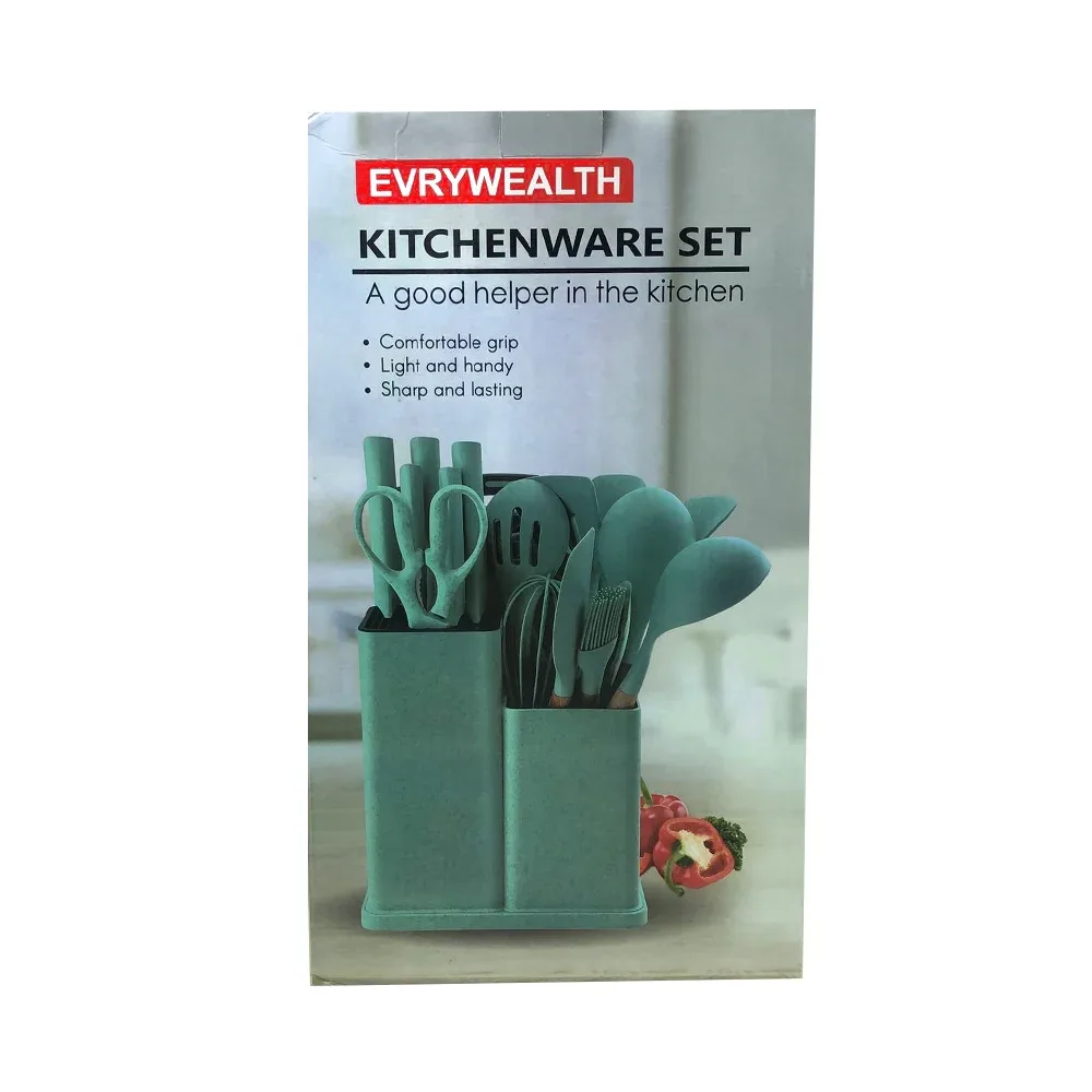Juego de 19 utensilios de cocina de silicona con cuchillos, tabla para picar y base, variedad de colores / kitchenware set / 80554 / 81050 / 8055ads